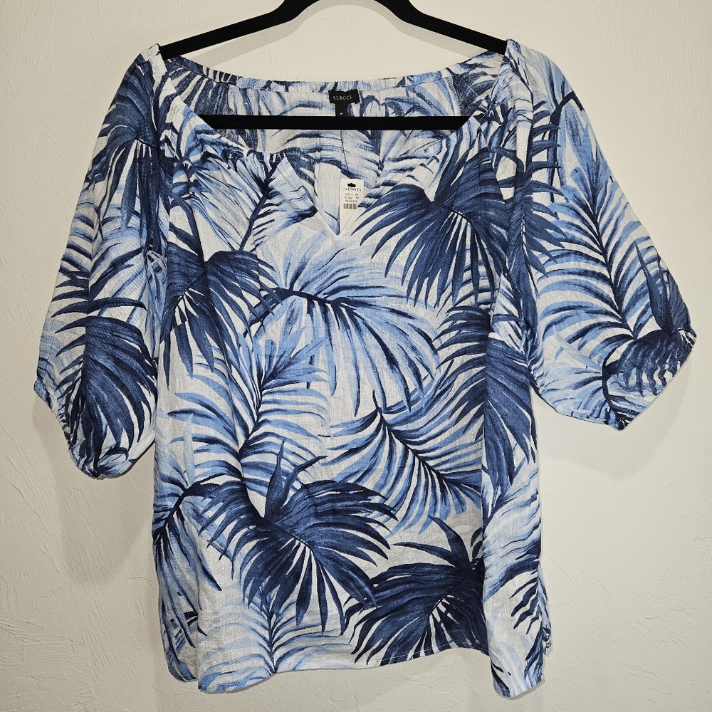 NWT! Talbots Linen Blouse Tropical Print Blue Womens Size Medium NEW - Picture 2 of 14